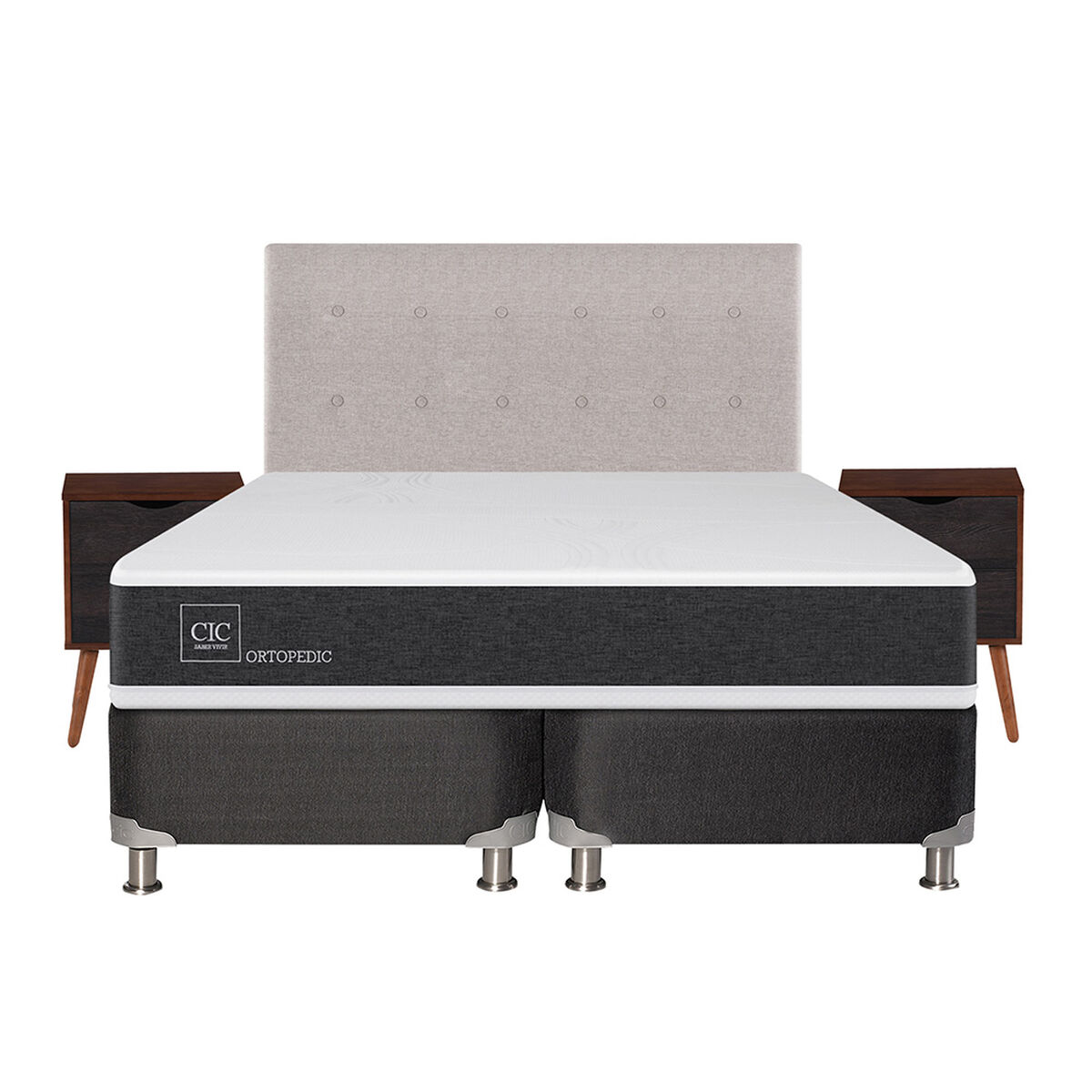 Box Spring CIC Base Dividida 2 Plazas New Ortopedic + Respaldo + 2 Veladores Tigris
