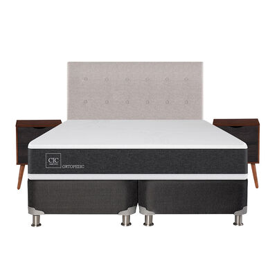 Box Spring CIC Base Dividida 2 Plazas New Ortopedic + Respaldo + 2 Veladores Tigris