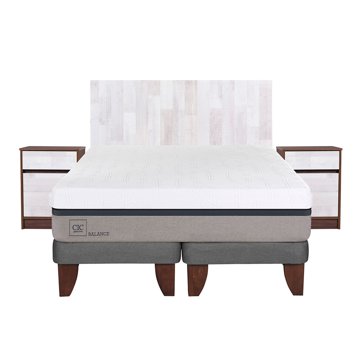 Cama Europea CIC Base Dividida 2 Plazas Balance + Respaldo + 2 Veladores