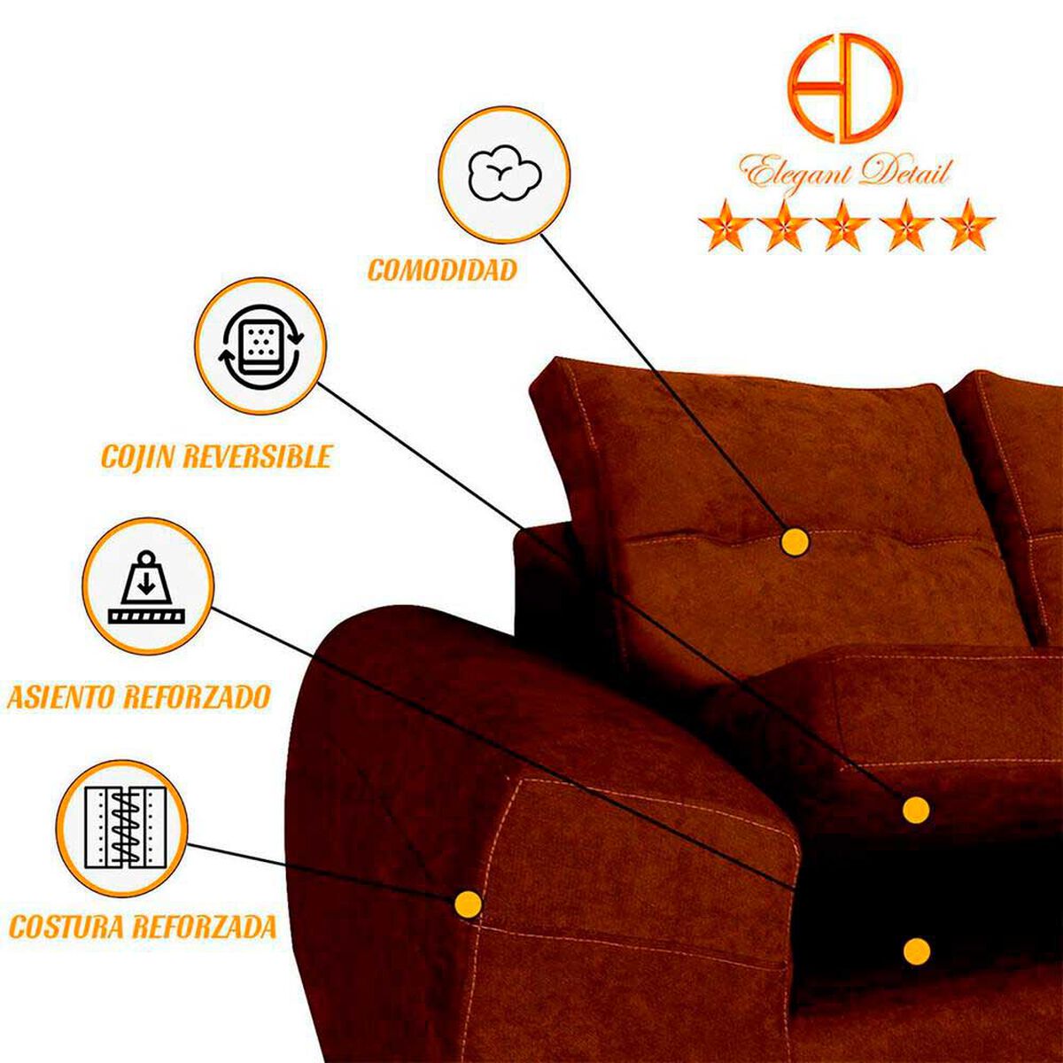 Seccional Derecho Elegant Houston Cheise Tela 5 Cuerpos Caf&eacute;