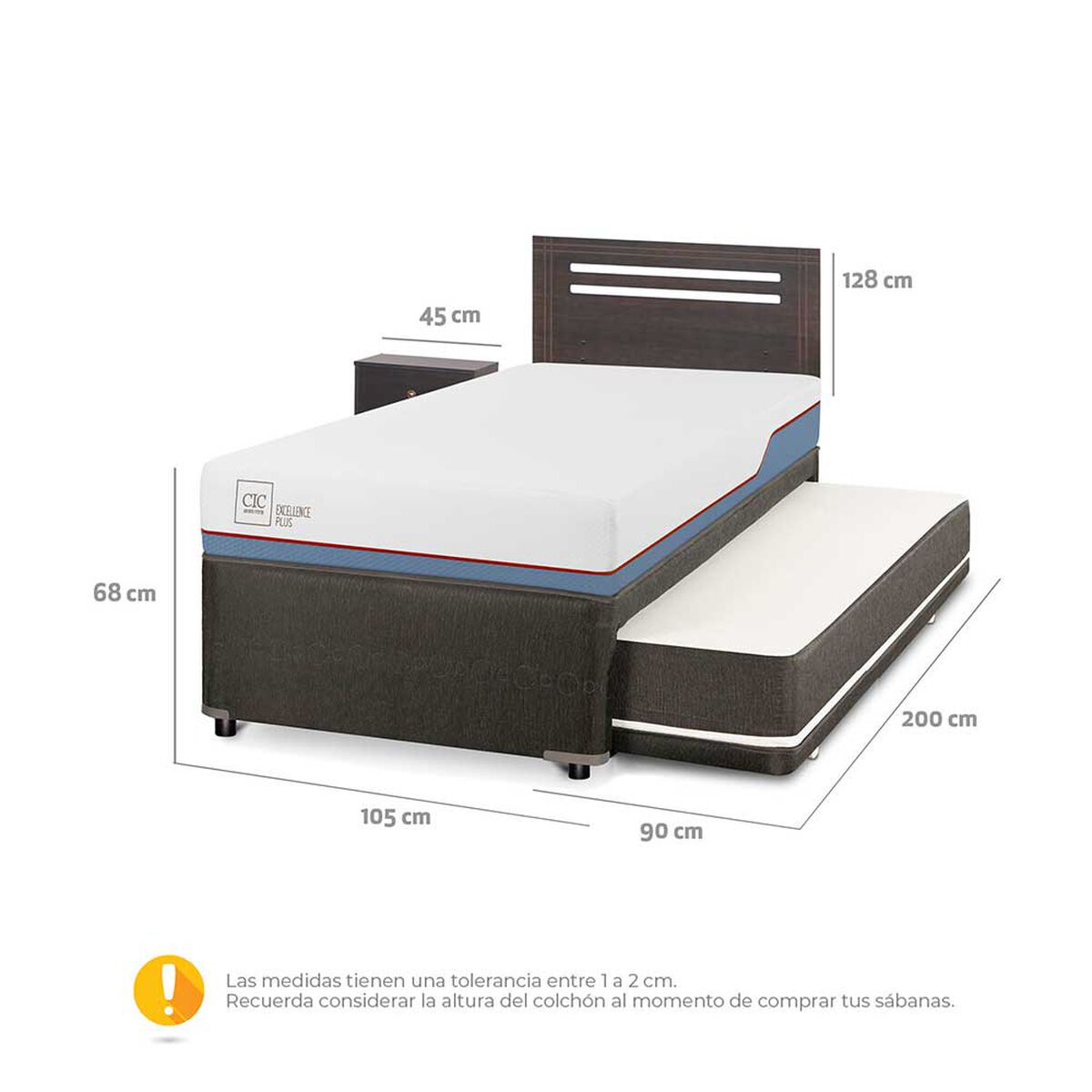 Cama Nido CIC 1,5 Plazas Excellence Plus + Respaldo + Velador Munich