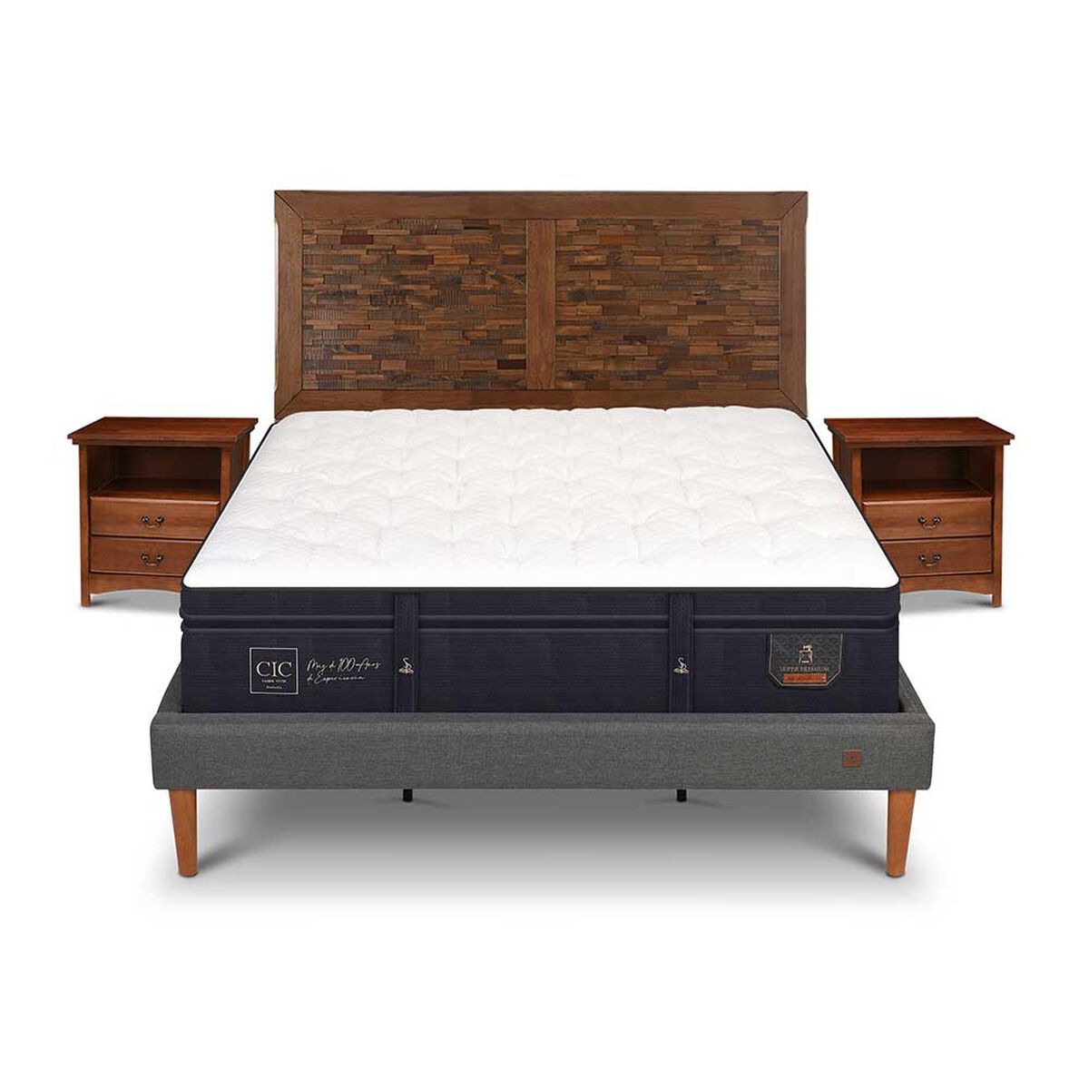 Cama Europea CIC King Súper Premium + Respaldo + 2 Veladores Antique