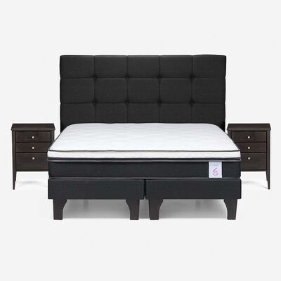 Cama Europea Rosen Base Dividida 2 Plazas New Style + Respaldo + 2 Veladores Issey