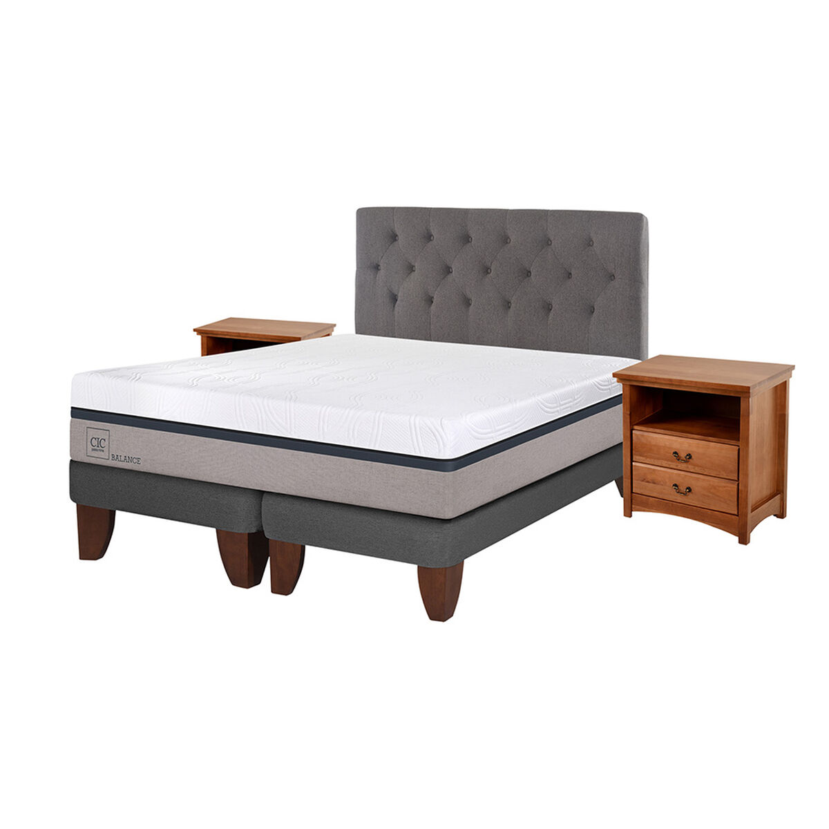 Cama Europea CIC Base Dividida 2 Plazas Balance + Respaldo + 2 Veladores Kavery