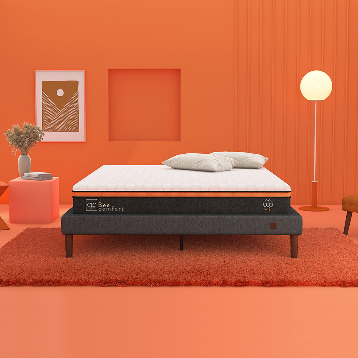 Cama Europea CIC Base Dividida 2 Plazas Bee Comfort + Respaldo + 2 Veladores