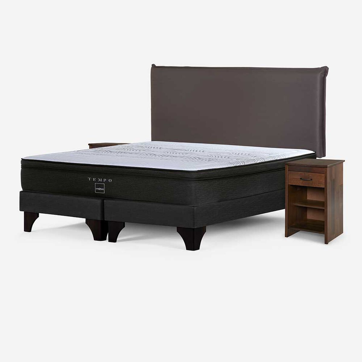 Cama Europea Rosen Base Dividida 2 Plazas Tempo + Respaldo + 2 Veladores Maurice Chocolate