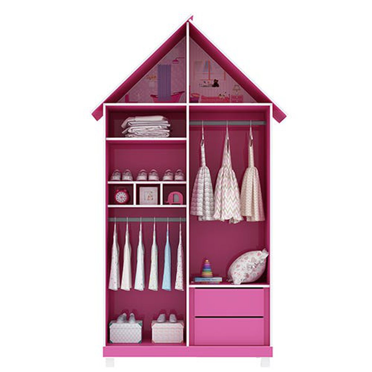 Base Cama Funcional Decocasa 1 Plaza Casinha + Clóset Infantil Rosada