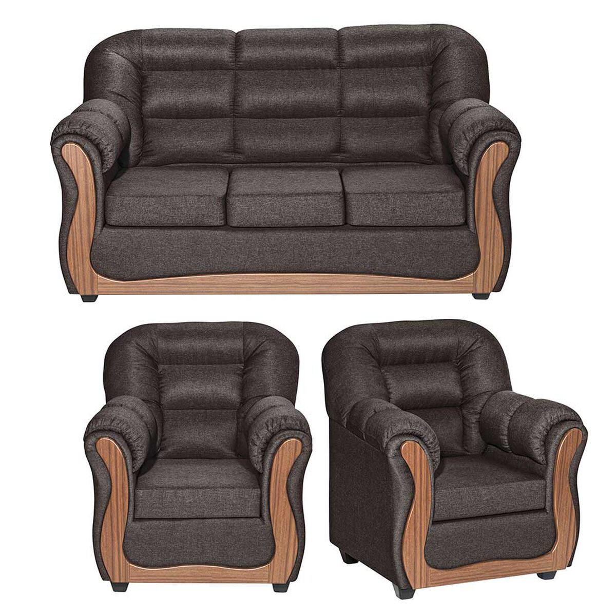 Juego de Living Muebles M&E Valdivia  Sofá 3 Cuerpos + Dos Sillones 1 Cuerpo Chocolate