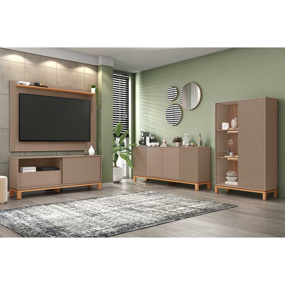 Panel TV 65" + Rack TV 55" + Vitrina + Buffet  Decocasa Mondrian Gris