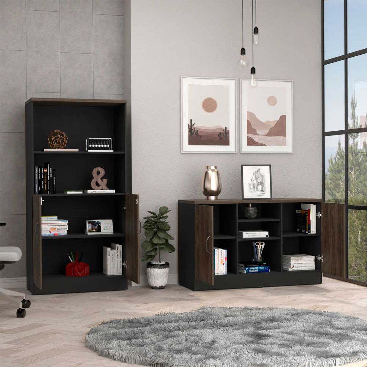 Combo Gabinete 2 Puertas + Biblioteca 2 Puertas TuHome Home Office Negro Soft-Co&ntilde;ac