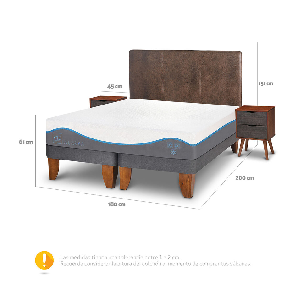 Cama Europea CIC Base Dividida King Alaska + Respaldo + 2 Veladores