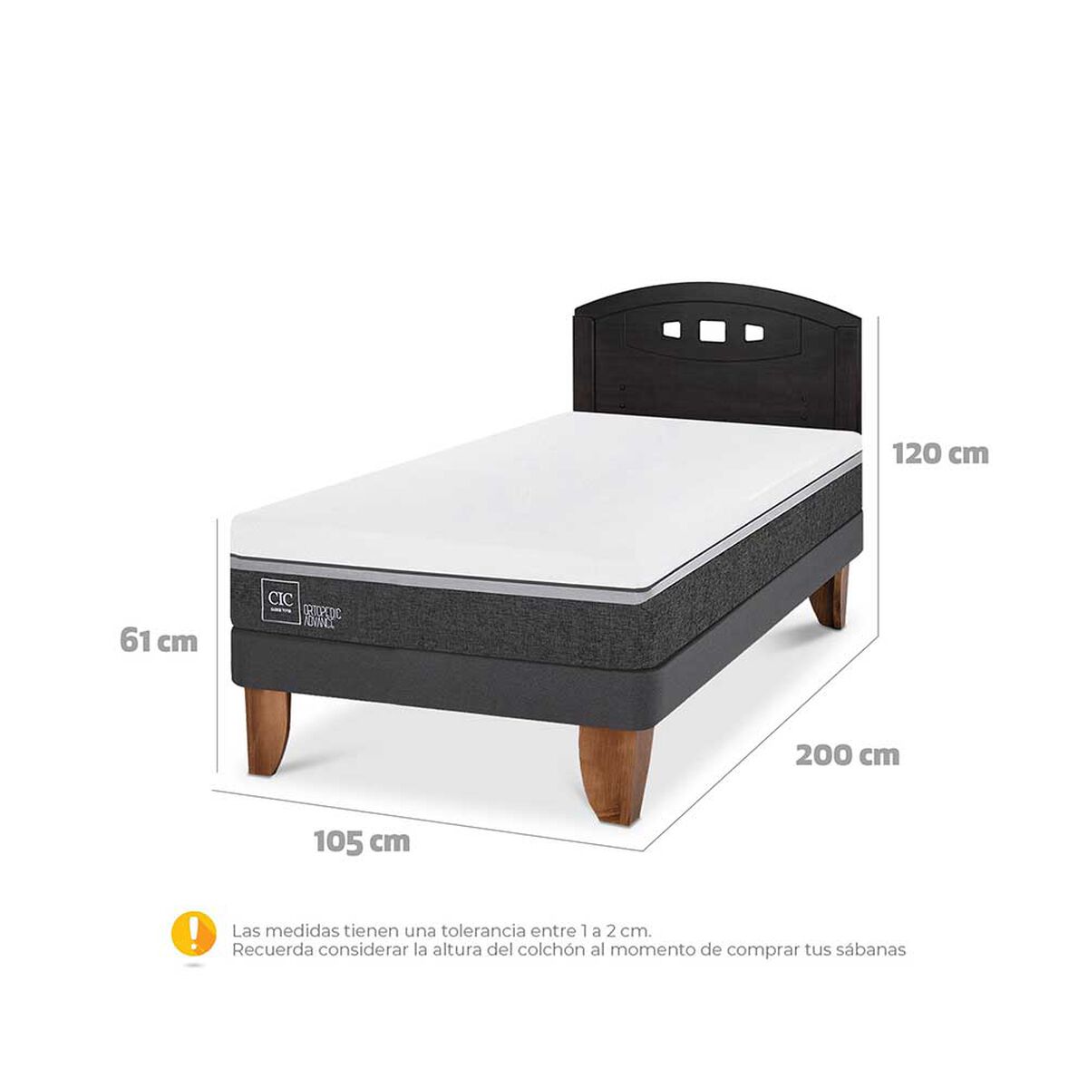 Cama Europea CIC 1,5 Plazas Ortopedic Advance + Respaldo Gales Negro