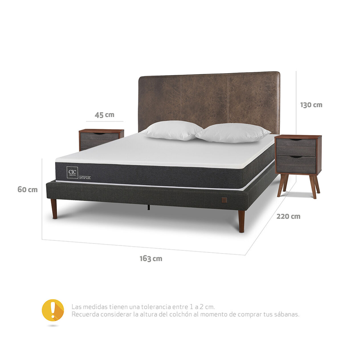 Cama Europea CIC 2 Plazas New Ortopedic + Respaldo Baker + 2 Veladores + Almohadas Viscoelásticas