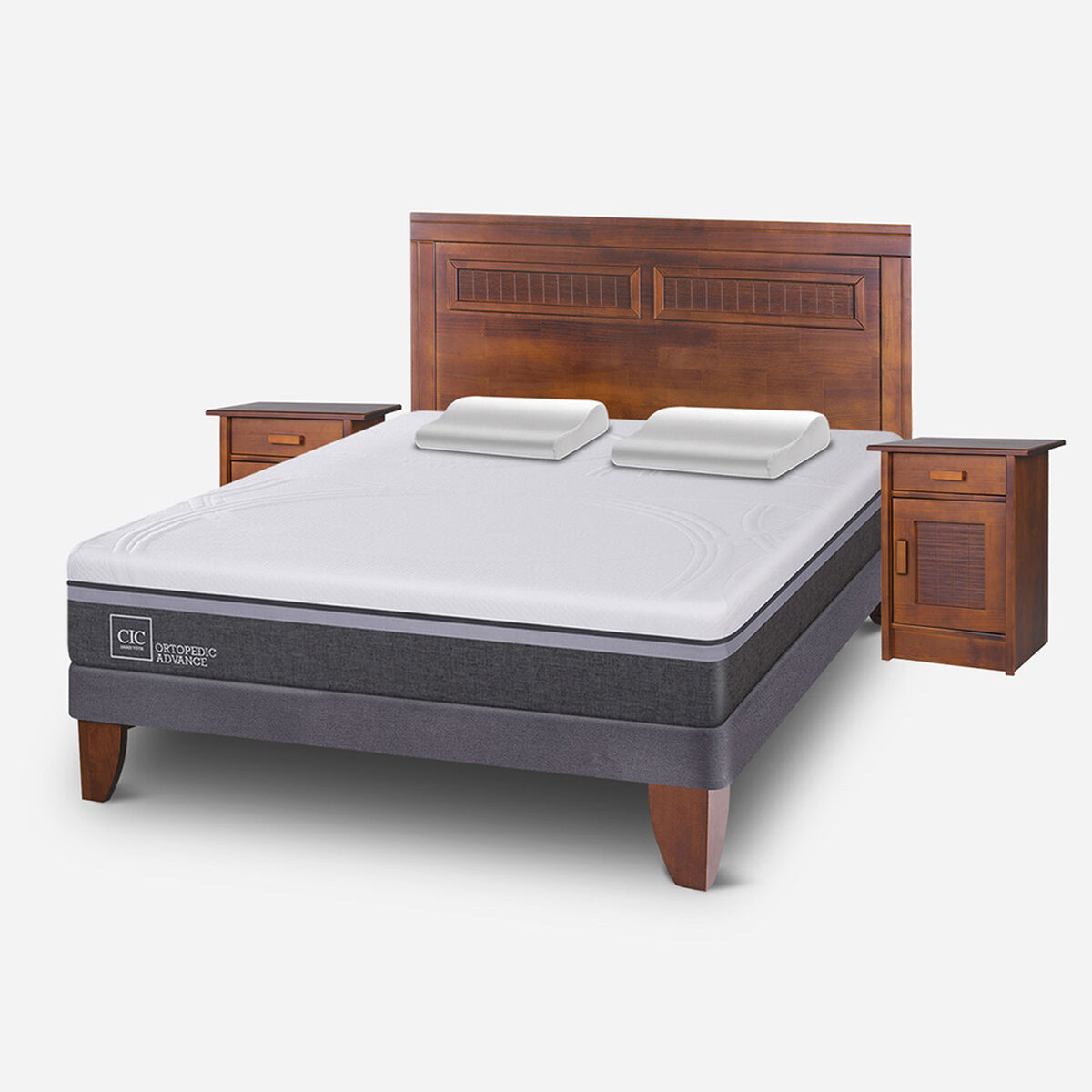 Cama Europea CIC 2 Plazas Ortopedic Advance + Respaldo + 2 Veladores Milán + Almohadas Viscoelásticas