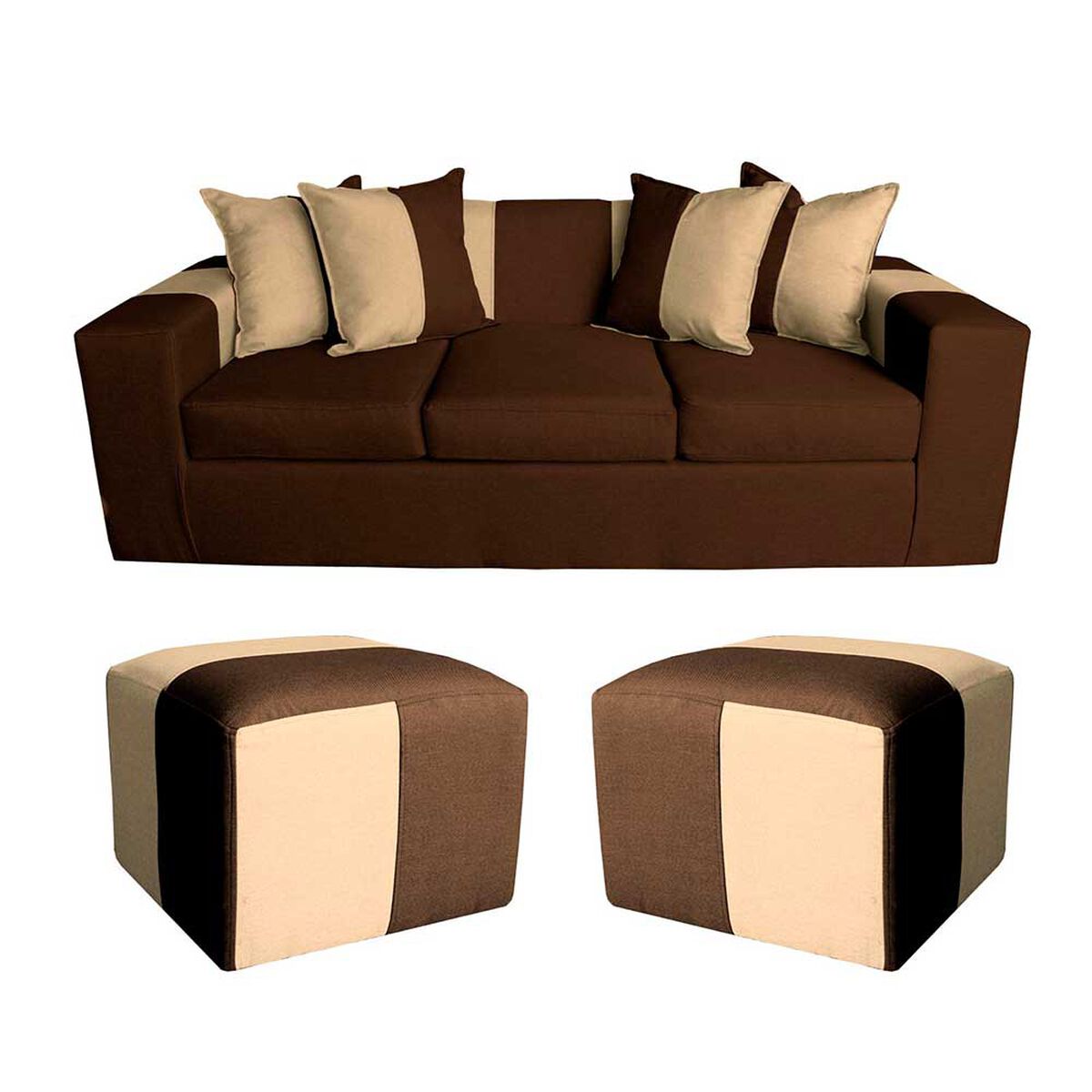 Sof&aacute; Muebles MYM Benjamin 3 Cuerpos + Dos Pouf 1 Cuerpo Caf&eacute; Beige