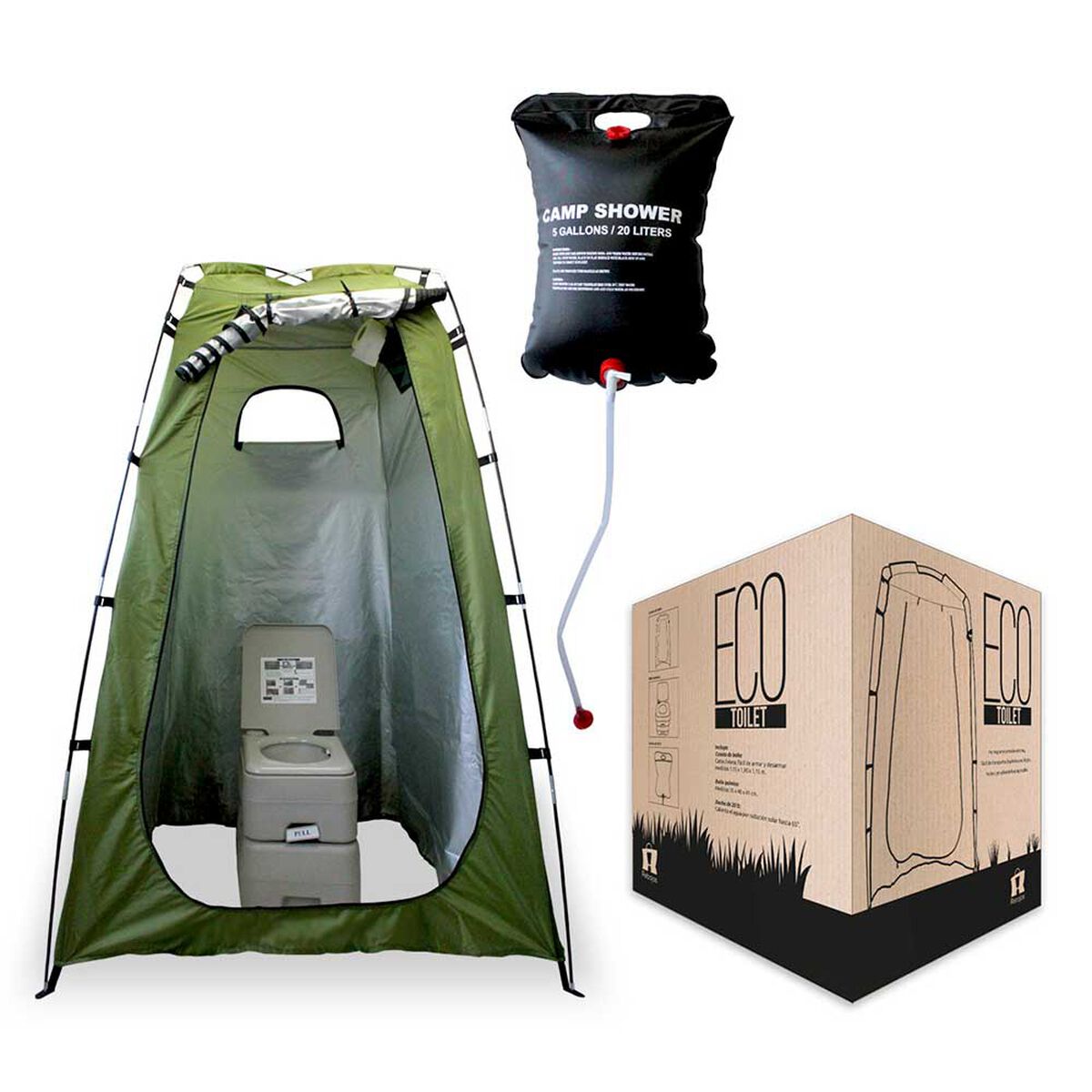 Baño Portátil + Caseta y Ducha Solar 20L Verde