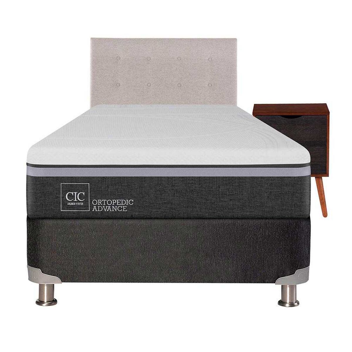 Box Spring CIC 1,5 Plazas Ortopedic Advance + Respaldo + Velador Tigris