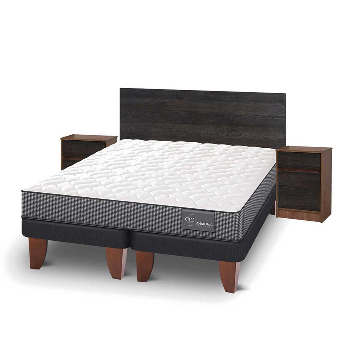 Cama Europea CIC Base Dividida 2 Plazas Anatomic + Respaldo + 2 Veladores Espresso