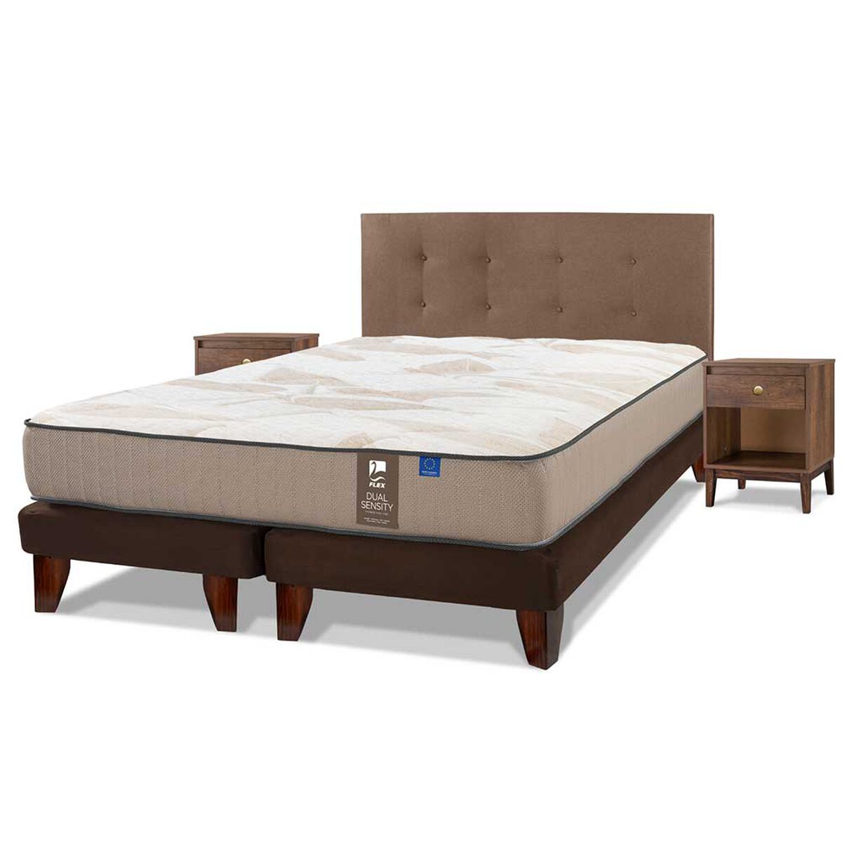 Cama Europea Flex Base Dividida King Dual Sensity + Respaldo Royal + 2 Veladores Atenas