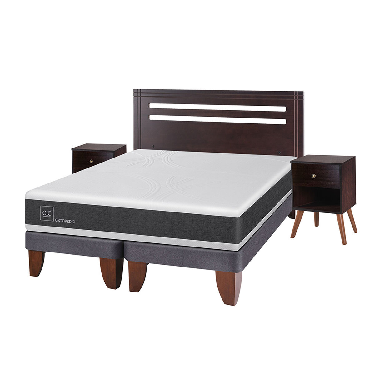 Cama Europea CIC Base Dividida 2 Plazas Ortopedic + Respaldo + 2 Veladores New Munich
