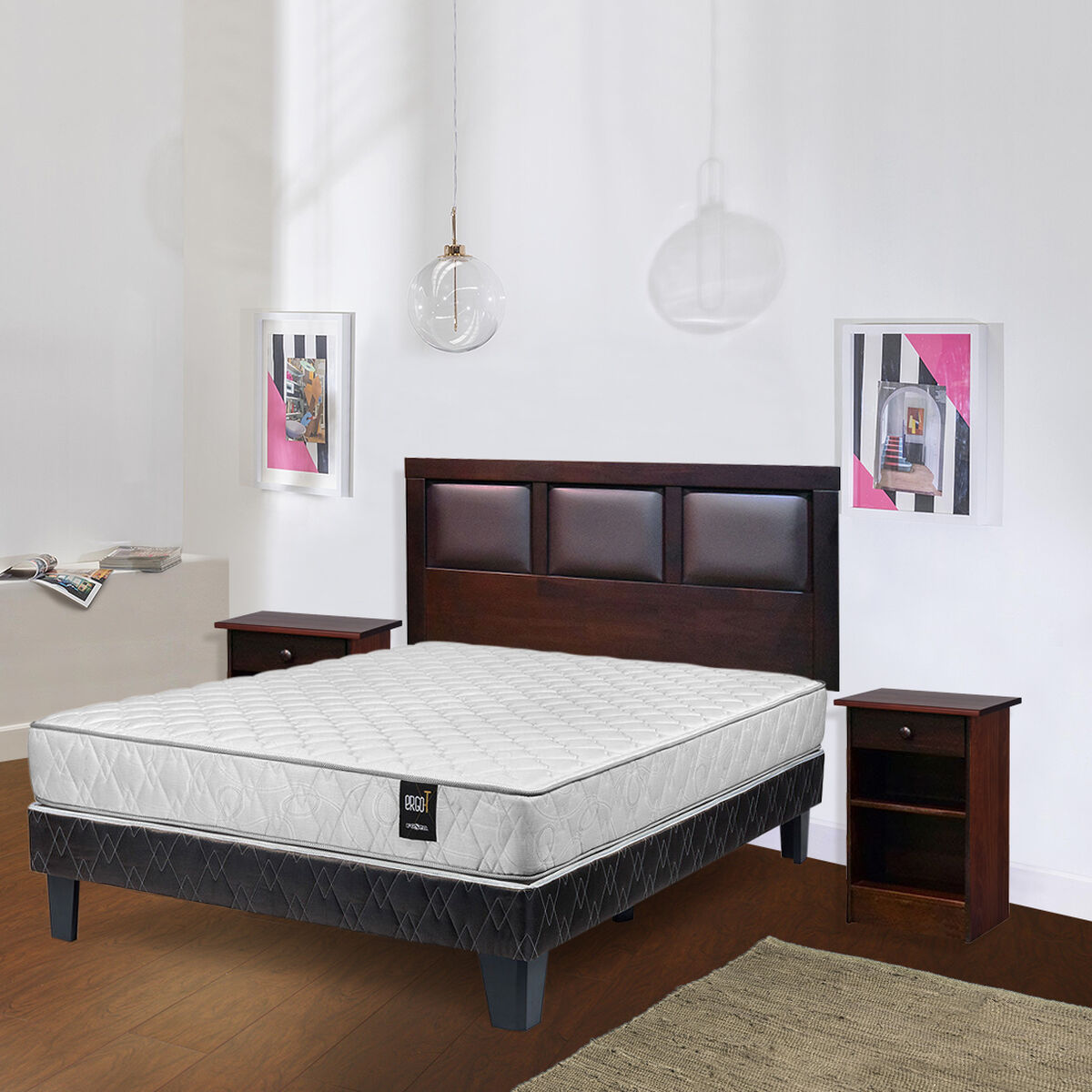 Combo Cama Europea Rosen 2 Plazas Ergo-T + Set Maderas Paris