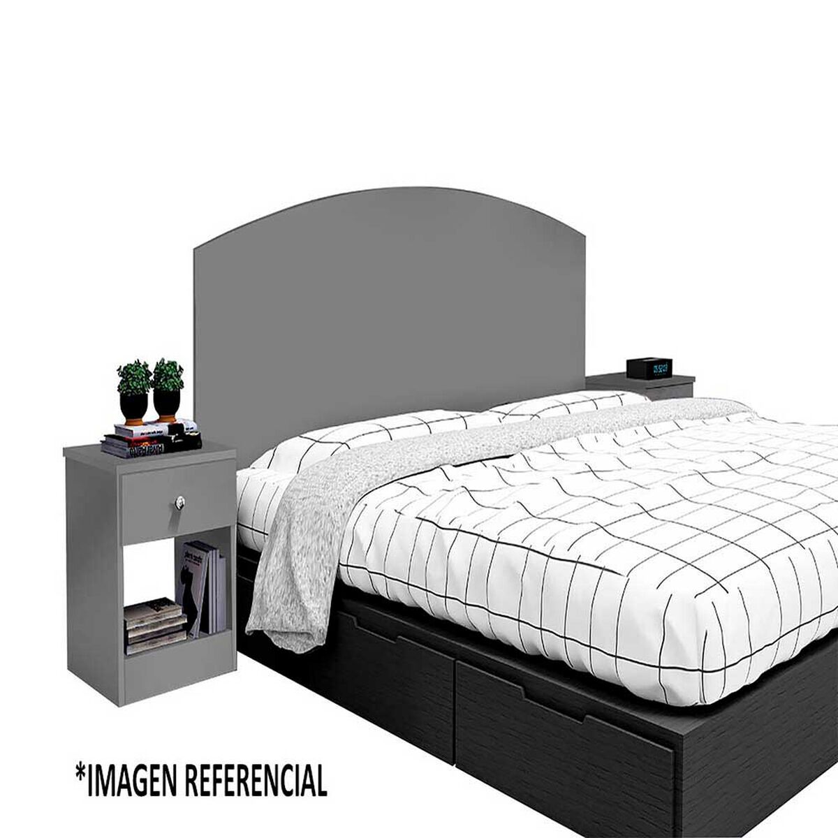 Combo Celta Cama Europea 2 Plazas Cádiz 190 x 150 cm + Respaldo + 2 Veladores Casanova 2 Plazas Gris