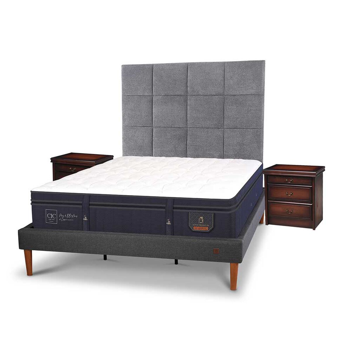 Cama Europea CIC King S&uacute;per Premium + Respaldo + Veladores