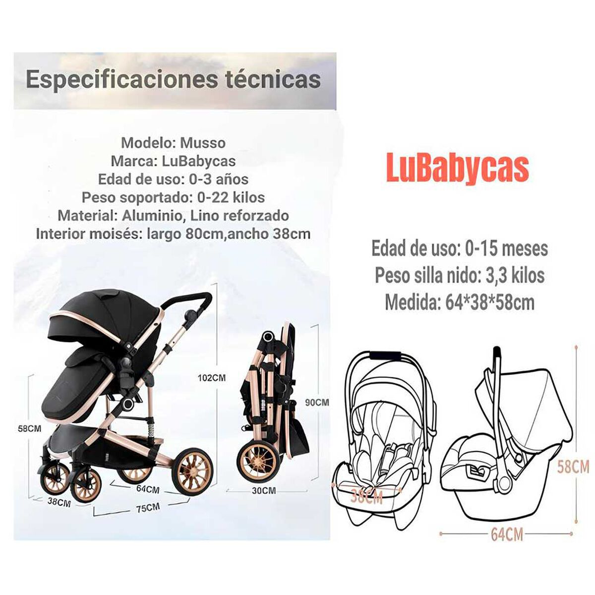 Coche Cuna con Silla Nido y Accesorios LuBabycas Gris