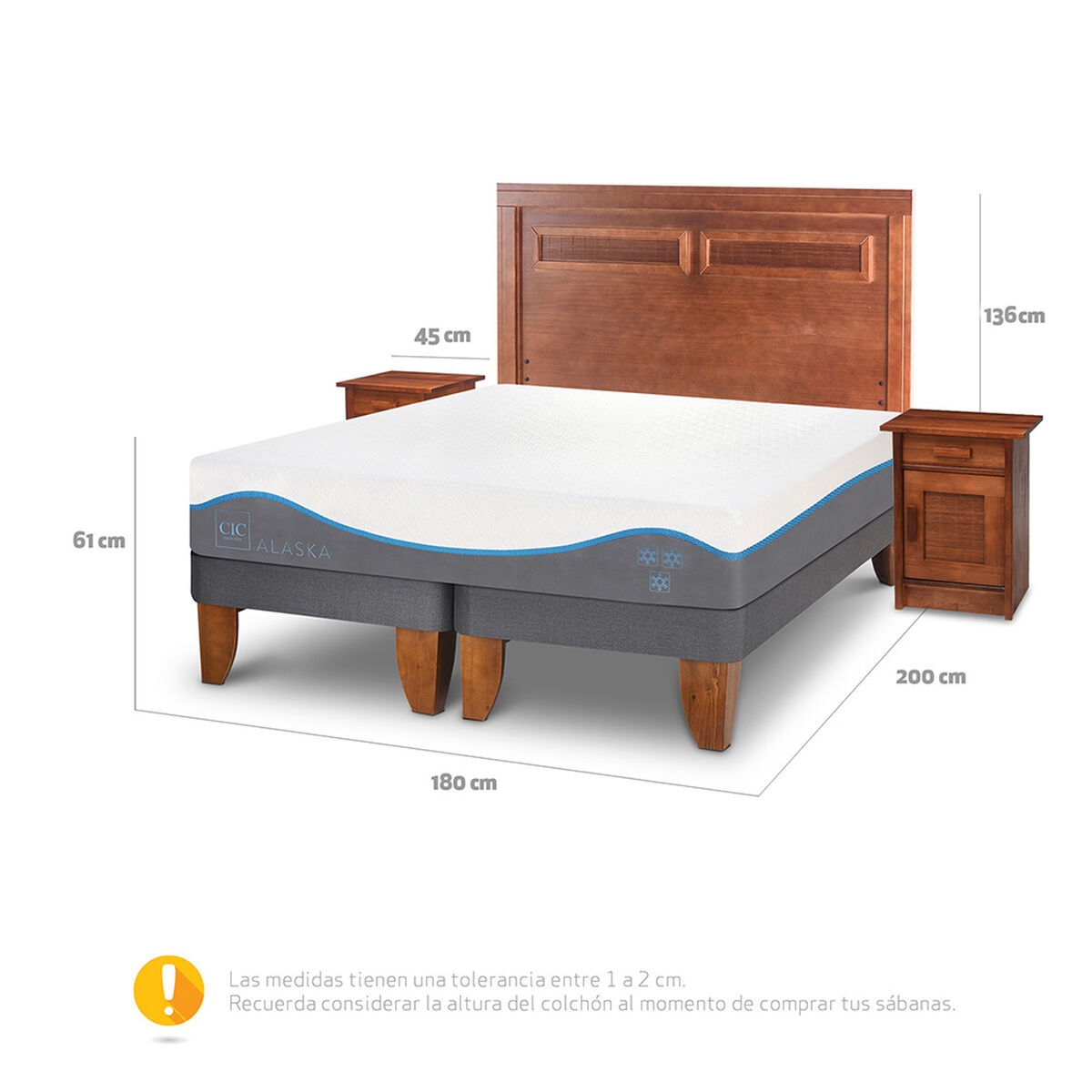 Cama Europea CIC Base Dividida King Alaska + Respaldo + 2 Veladores