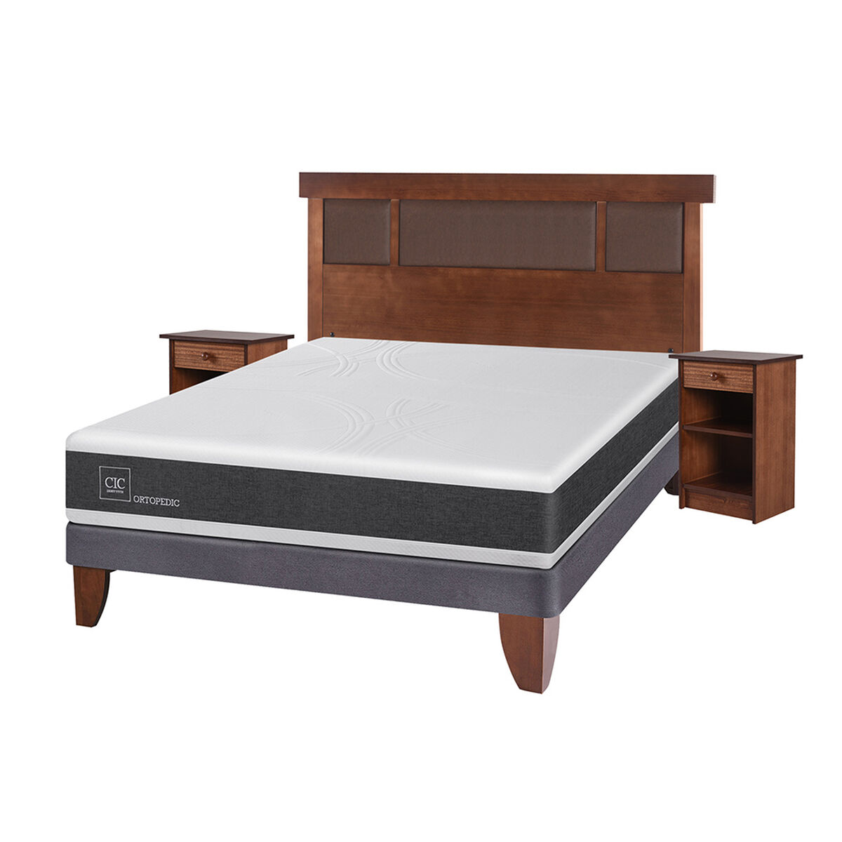 Cama Europea CIC 2 Plazas Ortopedic + Respaldo + 2 Veladores Dublin Caramelo