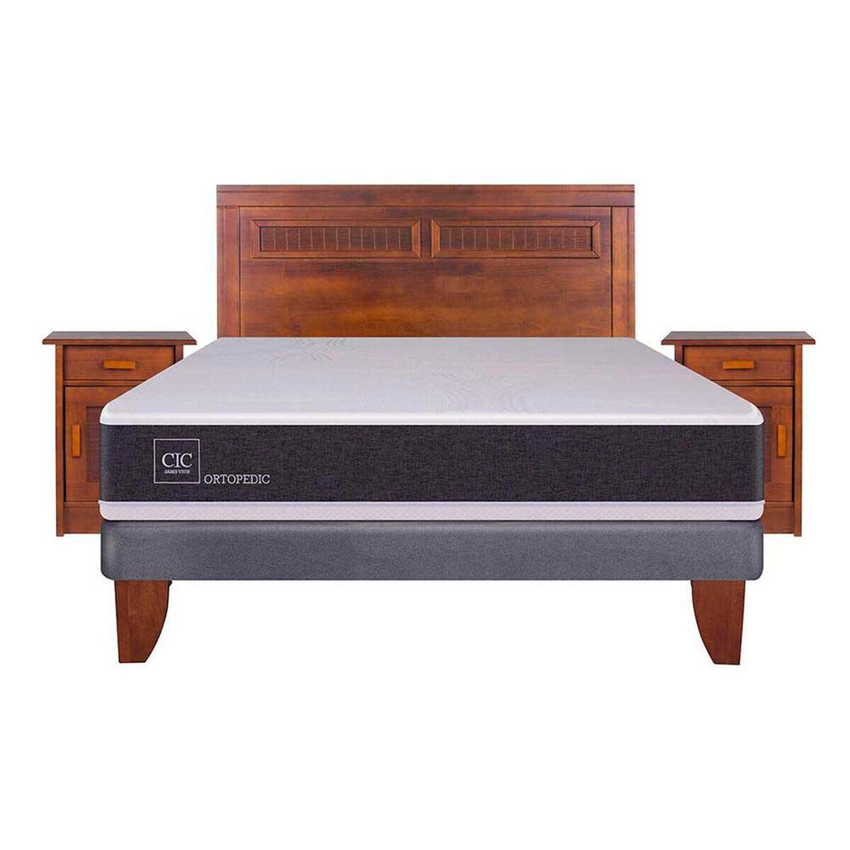 Cama Europea CIC 2 Plazas Ortopedic + Respaldo + 2 Veladores