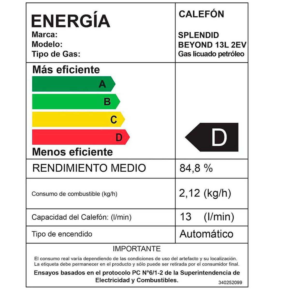 Calefont Gas Licuado Splendid Tiro Natural Ionizado 13 lts.