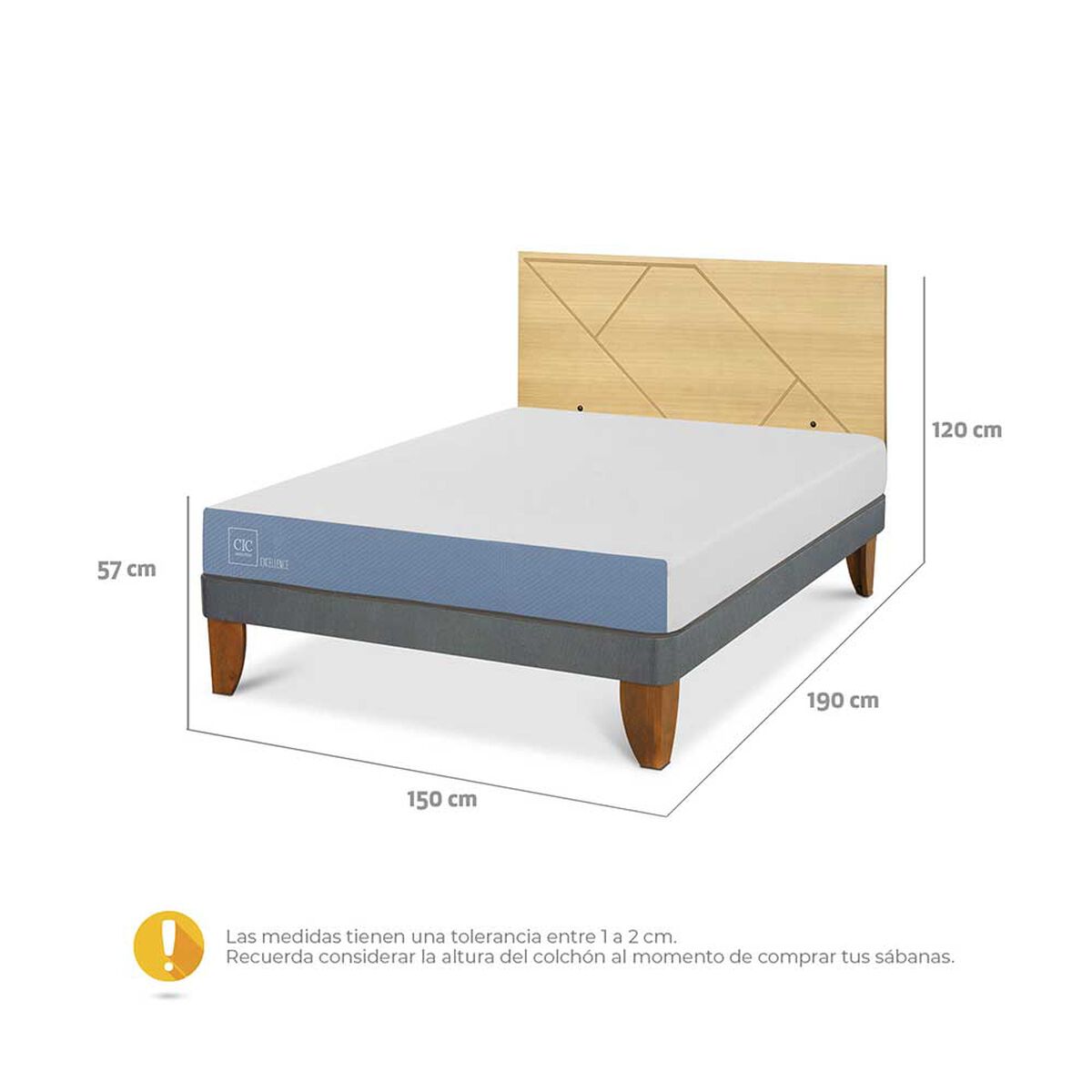 Cama Europea CIC 2 Plazas Excellence + Respaldo Villarrica Mostaza