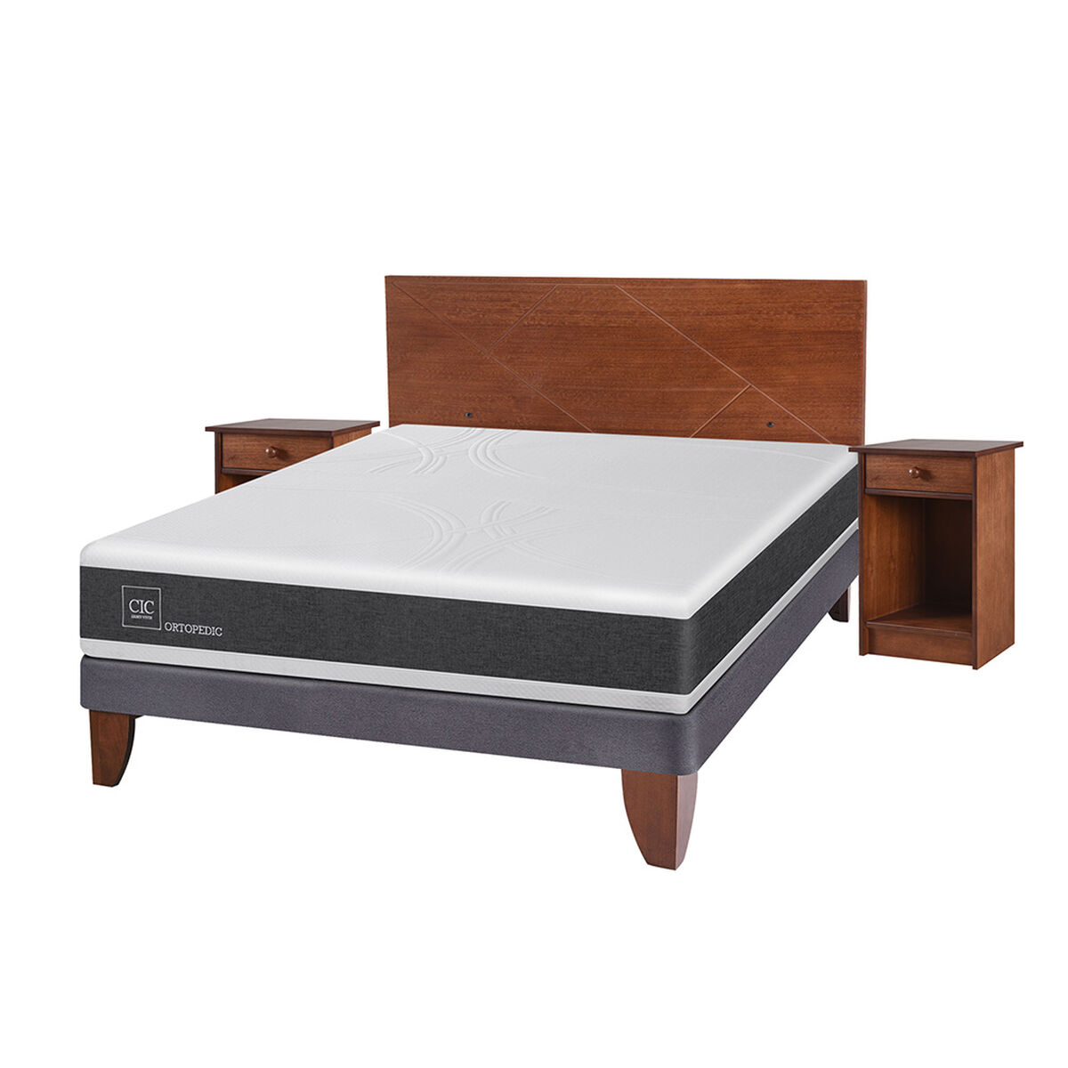 Cama Europea CIC 2 Plazas Ortopedic + Respaldo + 2 Veladores New Villarrica