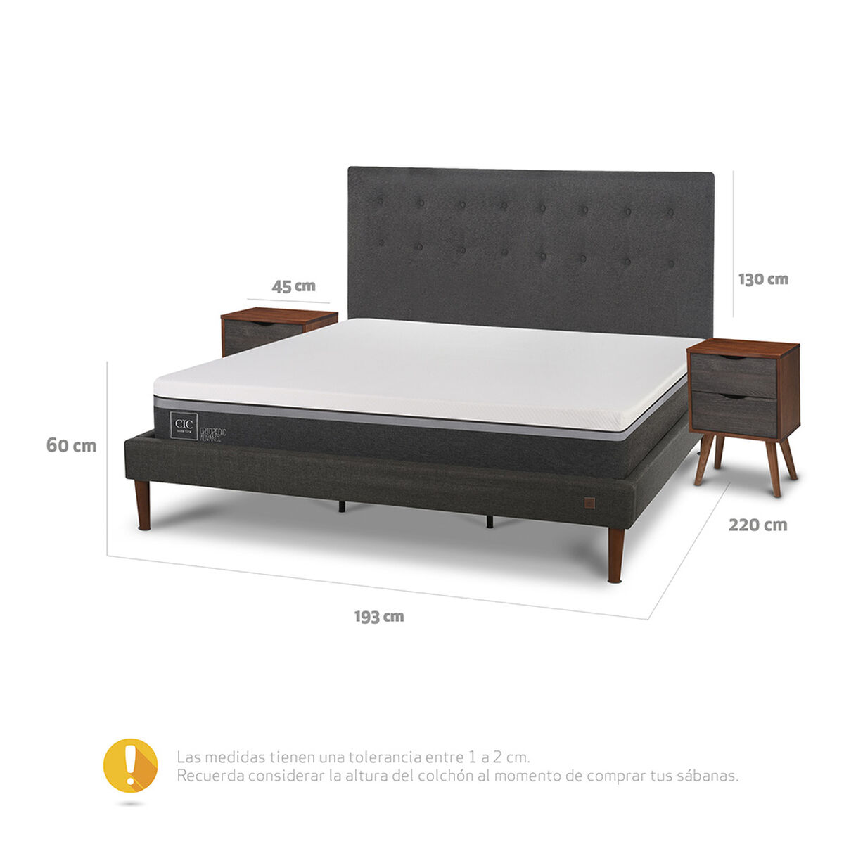 Cama Europea CIC King Ortopedic Advance + Respaldo Eufrates + 2 Veladores