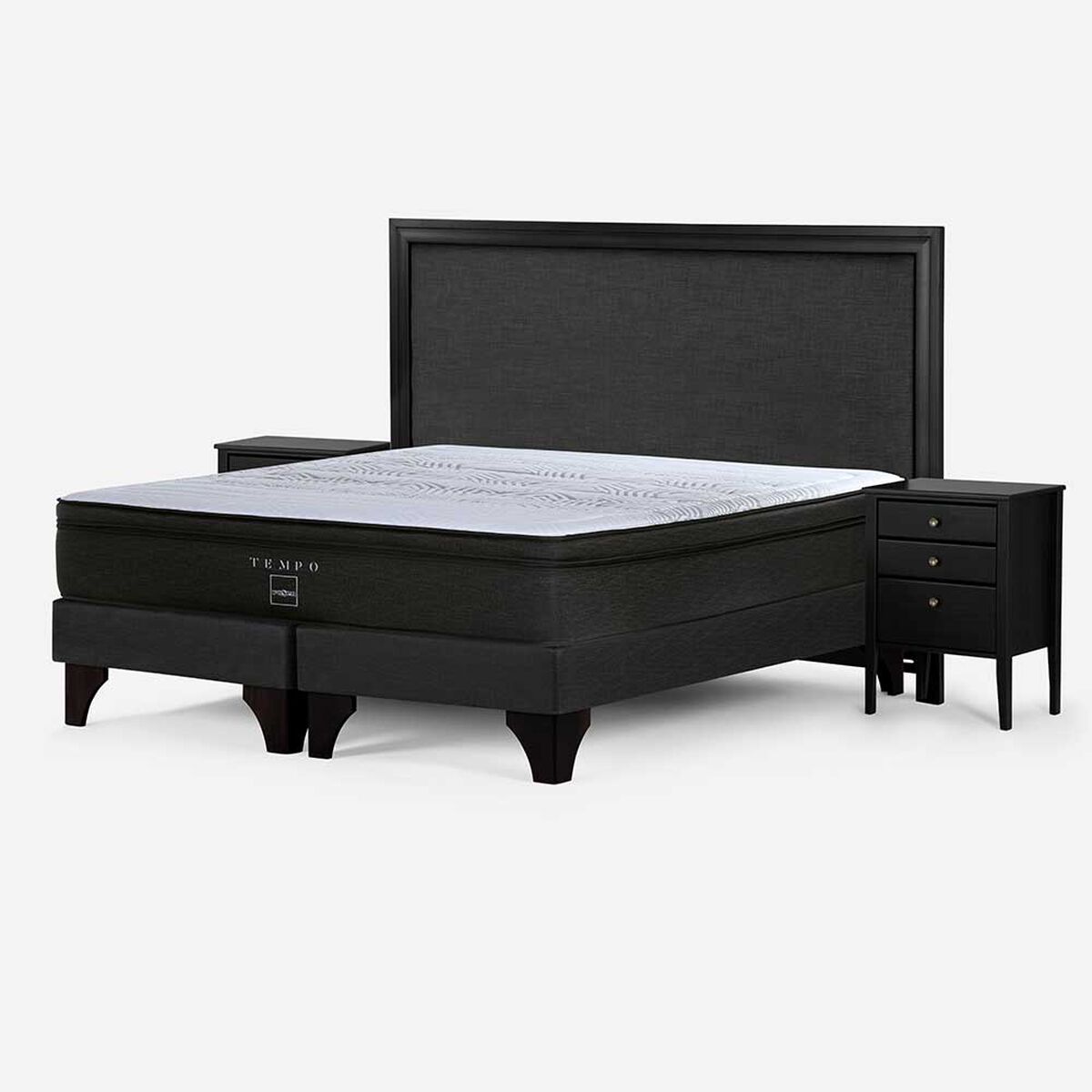 Cama Europea Rosen Base Dividida Súper King Tempo + Respaldo + 2 Veladores Nolita Grafito