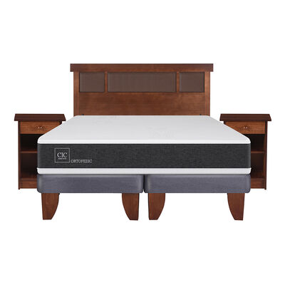 Imagen 1 del producto Cama Europea CIC Base Dividida 2 Plazas Ortopedic + Respaldo + 2 Veladores Dublin Caramelo