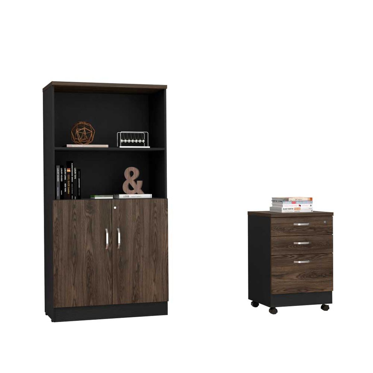 Combo Archivador 3 Cajones + Biblioteca 2 Puertas TuHome Home Office Negro Soft-Coñac