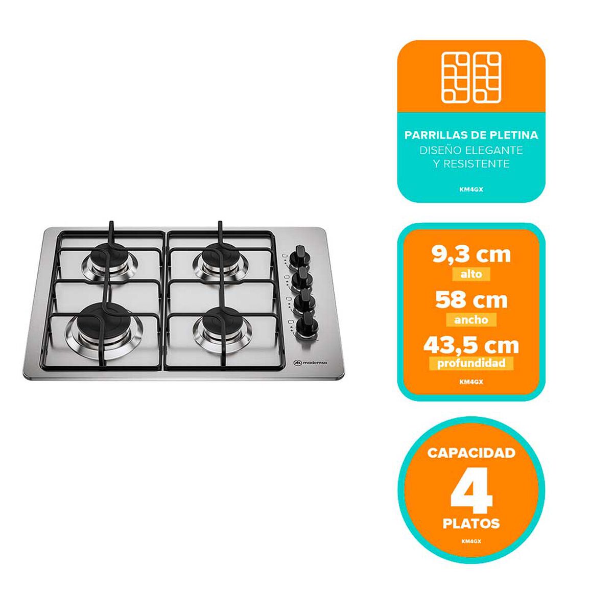 Encimera a Gas Mademsa KM4GX 4 Platos Inox