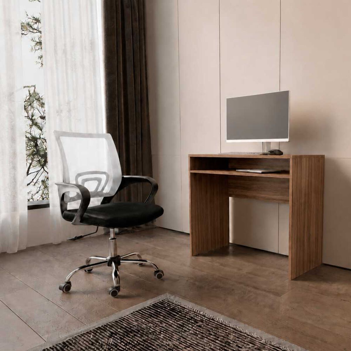 Combo Oficina Escritorio Avellana + Silla New York Negra y Blanca Arthome