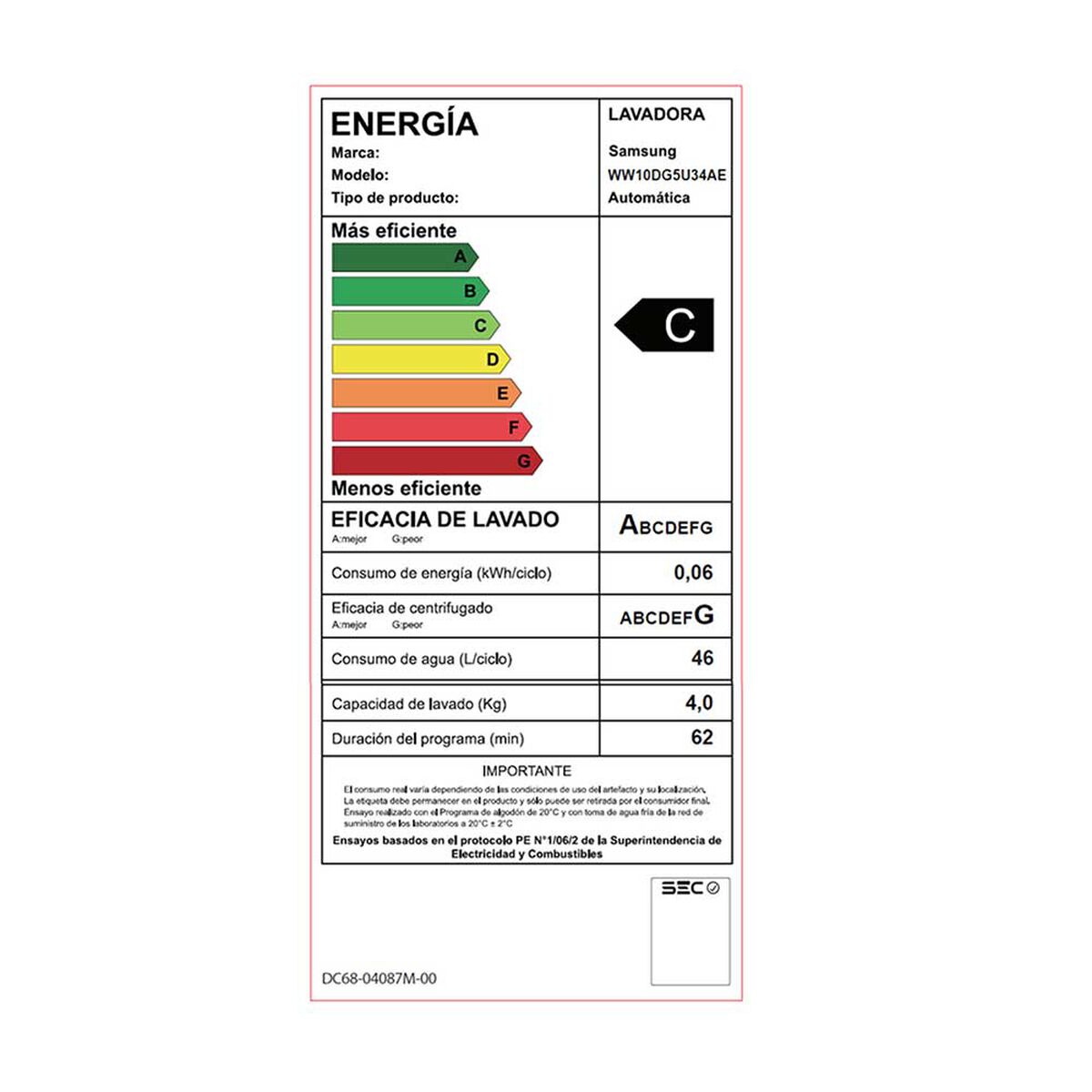 Samsung Lavadora WW10DG5U34AEZS 10,5 kg Carga frontal Color Blanco