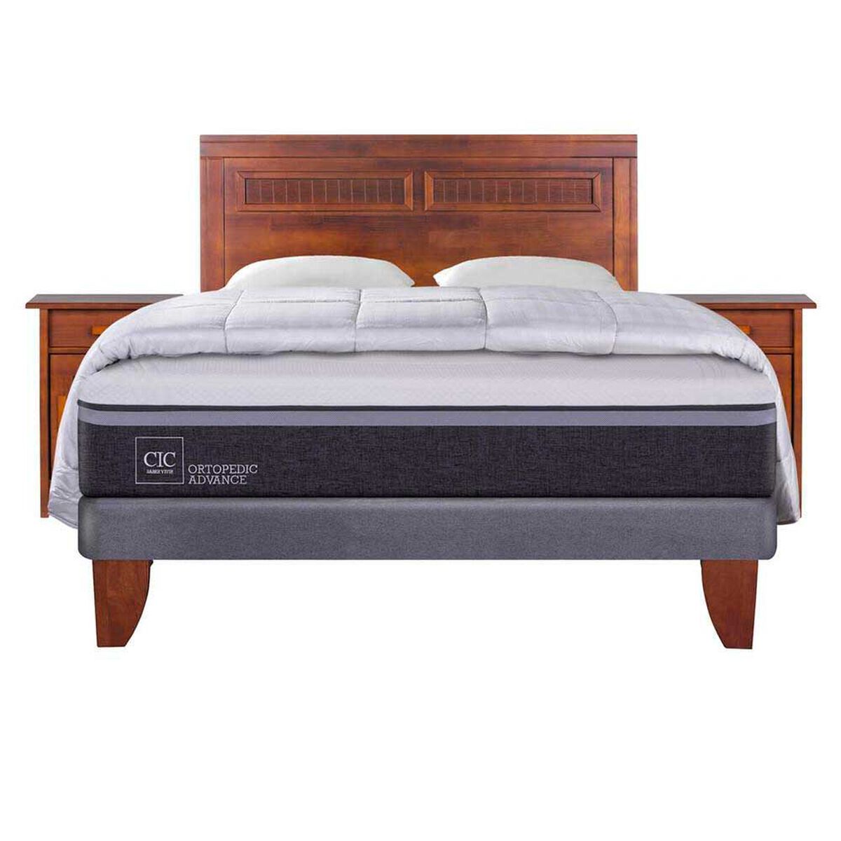 Cama Europea CIC 2 Plazas Ortopedic Advance + Respaldo + 2 Veladores Milan + 2 Almohadas + Plum&oacute;n