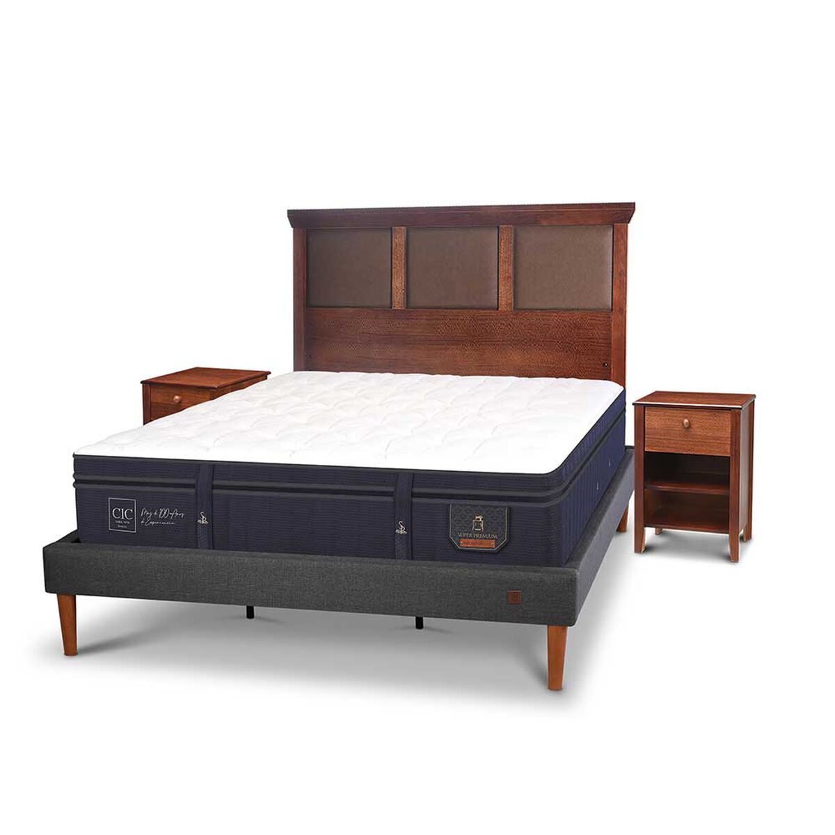 Cama Europea CIC King S&uacute;per Premium + Respaldo + Veladores