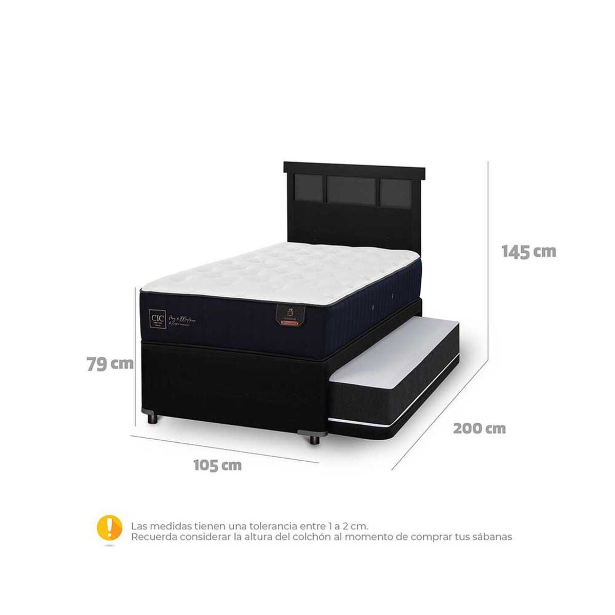 Cama Nido CIC 1,5 Plazas Premium + Respaldo Dublin Negro