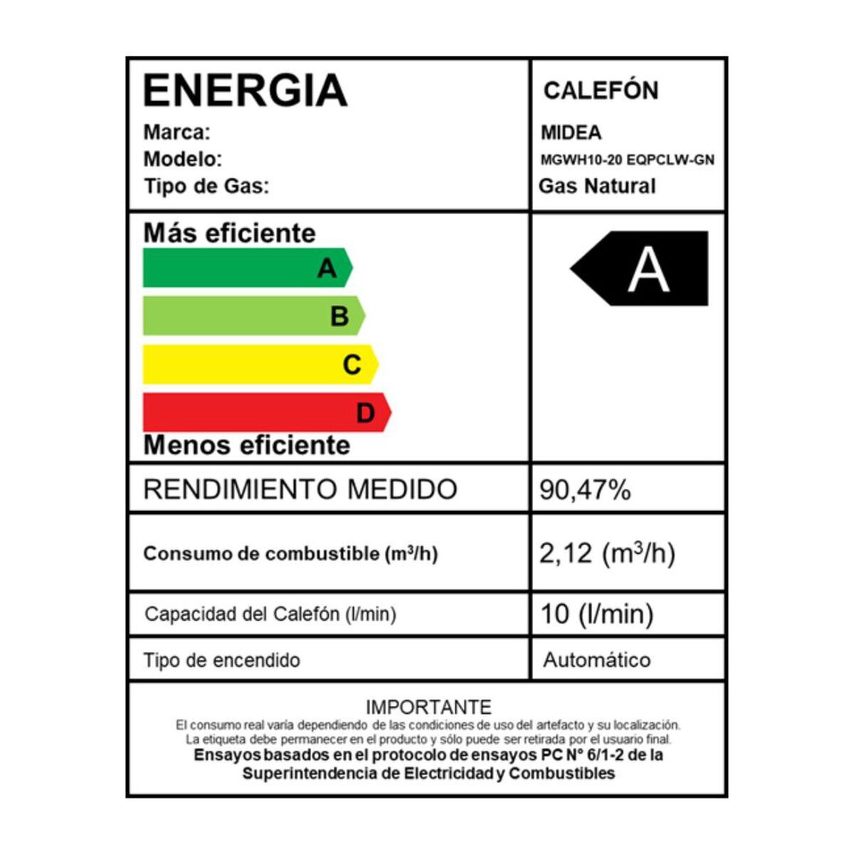Calefont Gas Natural Midea MGWH10-20EQPCLW-GN Tiro Forzado 10 lts.