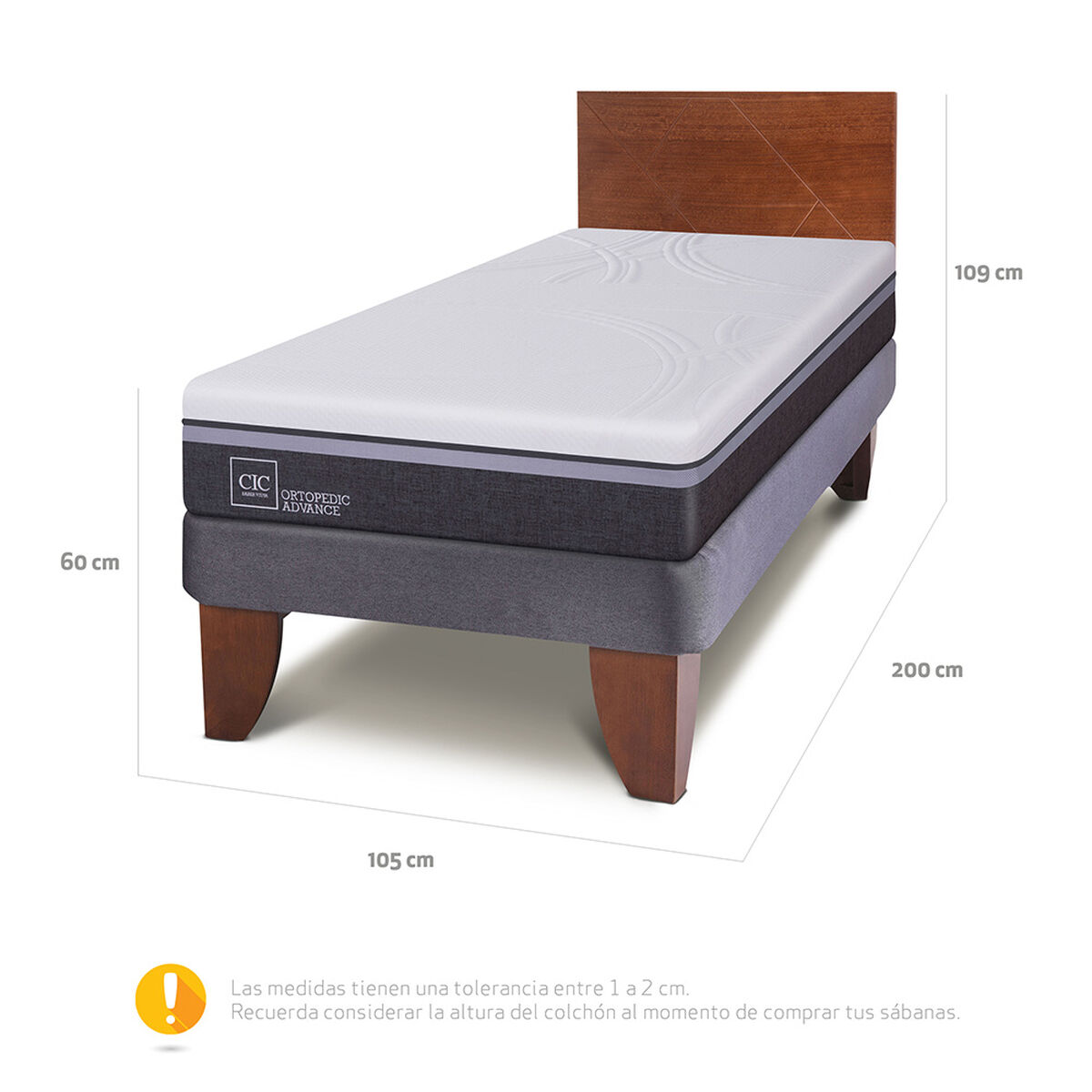 Cama Europea CIC 1,5 Plazas Ortopedic Advance + Respaldo New Villarrica