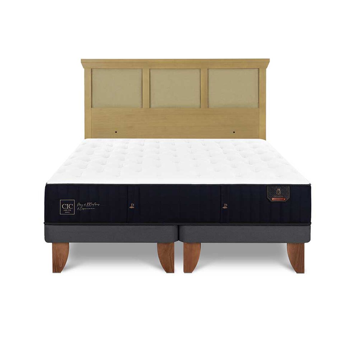 Cama Europea CIC Base Dividida 2 Plazas Premium + Respaldo Torino Mostaza