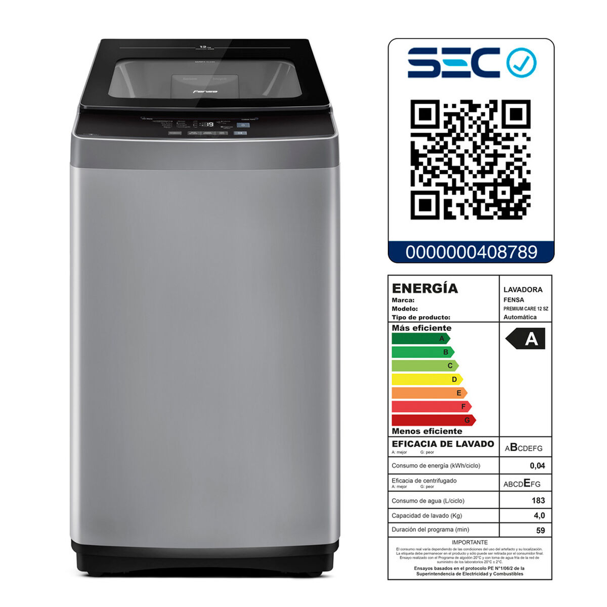 Lavadora Autom&aacute;tica Fensa Premium Care 12 SZ 12 kg.