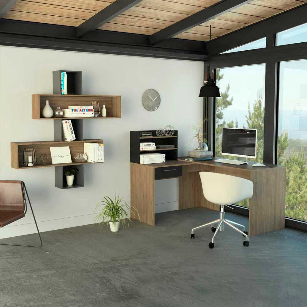 Combo Escritorio + Repisa Wall TuHome Bilbao Miel Plomo