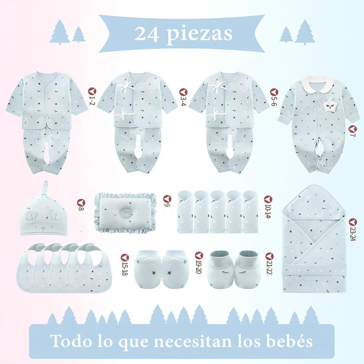 Pack Ajuar Bebé Ropa Algodón 24 Piezas Celeste Lubabycas
